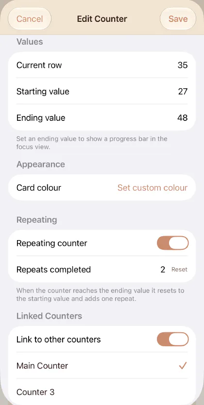 The Edit Counter screen, showing Values, Appearance, Repeating and Linked Counters