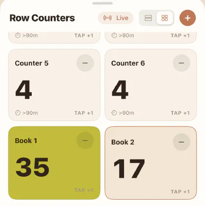 Counters in grid layout, one of them coloured olive green