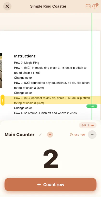 The counter panel open over a pattern, with a Count row button