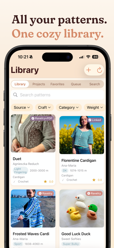 Yarn Squirrel app showing a library of crochet and knitting patterns