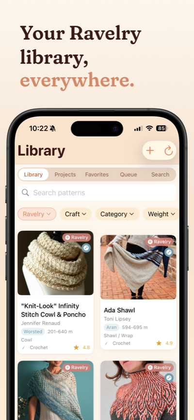 Your Ravelry library everywhere — synced pattern collection with source badges, ratings, and yarn info