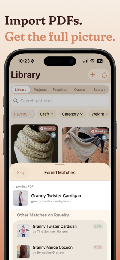 Import PDFs and get the full picture — smart OCR extracts pattern details automatically