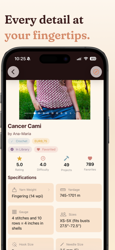 Every detail at your fingertips — pattern detail screen with photos, yarn specs, and ratings