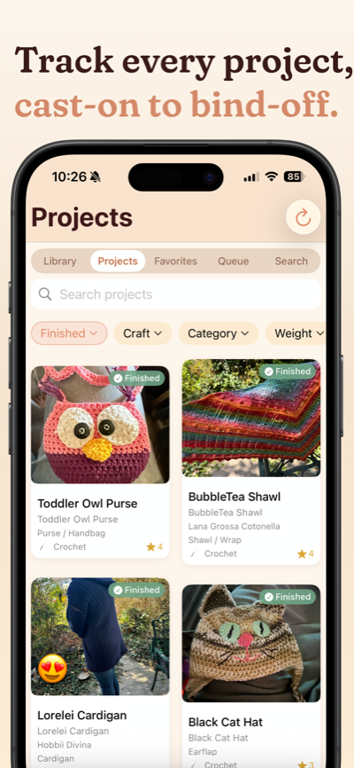 Track every project from cast-on to bind-off — projects view with status and progress