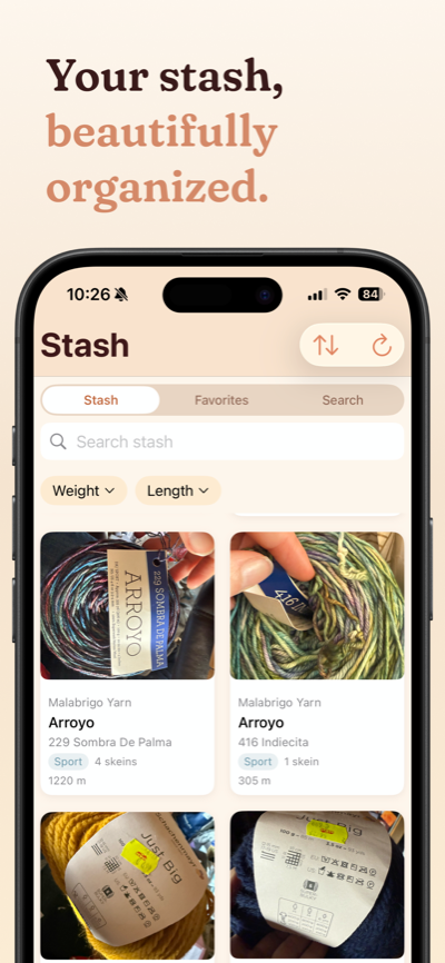 Your stash beautifully organized — yarn inventory with brands, colorways, and quantities