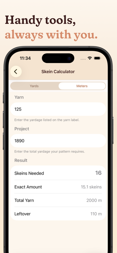 Handy tools always with you — skein calculator showing yards, meters, and skeins needed