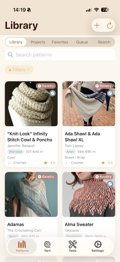 Yarn Squirrel app showing a library of crochet and knitting patterns