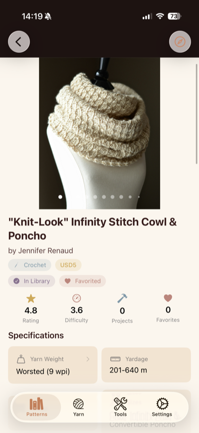Pattern detail screen showing a cowl photo, designer name, craft type, price, star rating, difficulty score, and yarn specifications