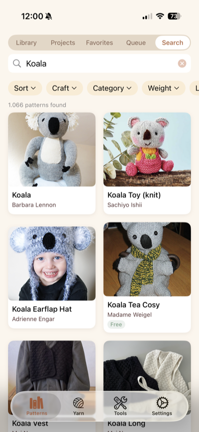 Pattern search results showing over a thousand patterns found with photos, designer names, and free badges