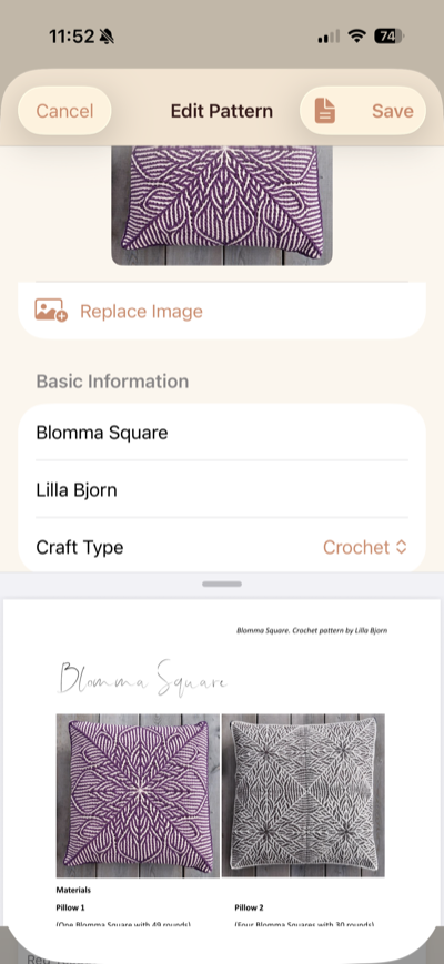Edit pattern screen showing a PDF import with automatically extracted text, pattern photo, and editable metadata fields